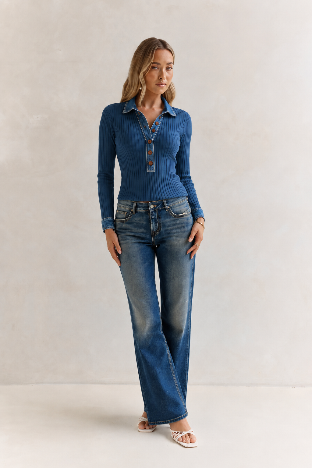 Full Size Denim Trim Button Detail Ribbed Knit Top Plus Size
