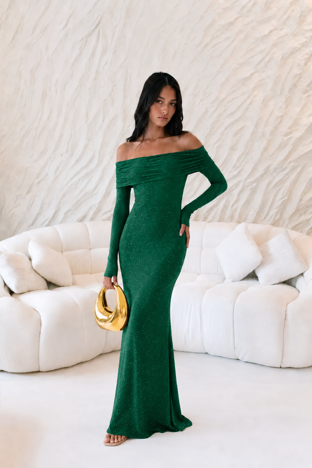 Glitter Off-Shoulder Maxi Dress