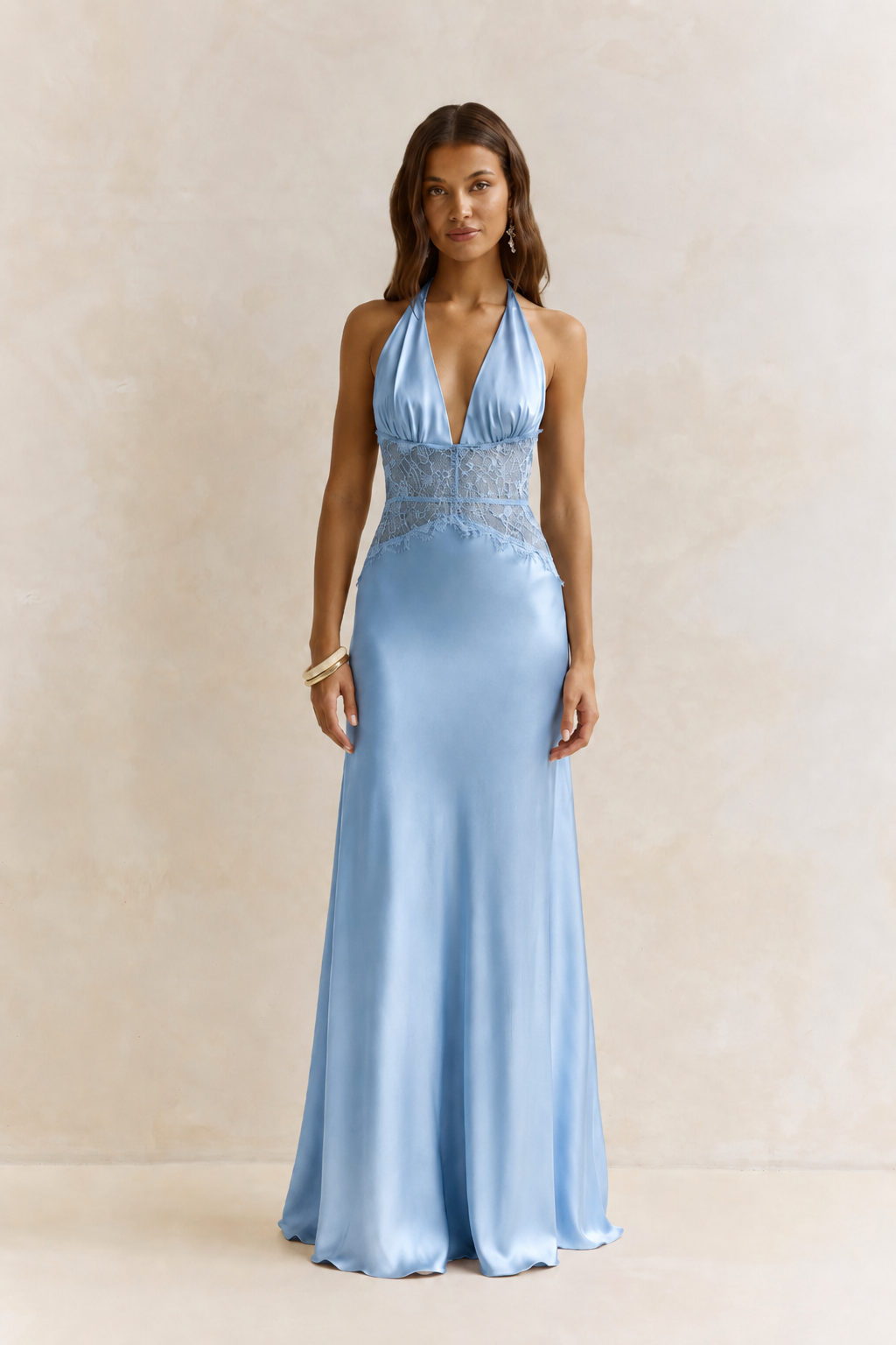 Halter Neck Lace Trimmed Maxi Dress