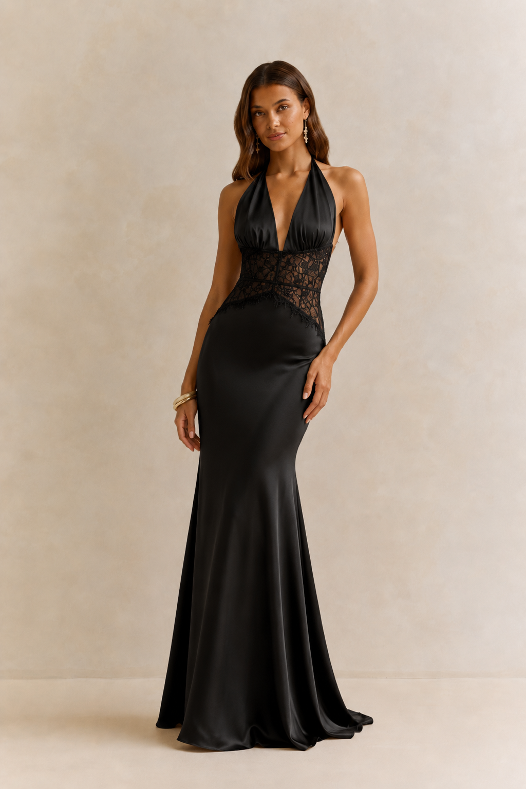 Halter Neck Lace Trimmed Maxi Dress