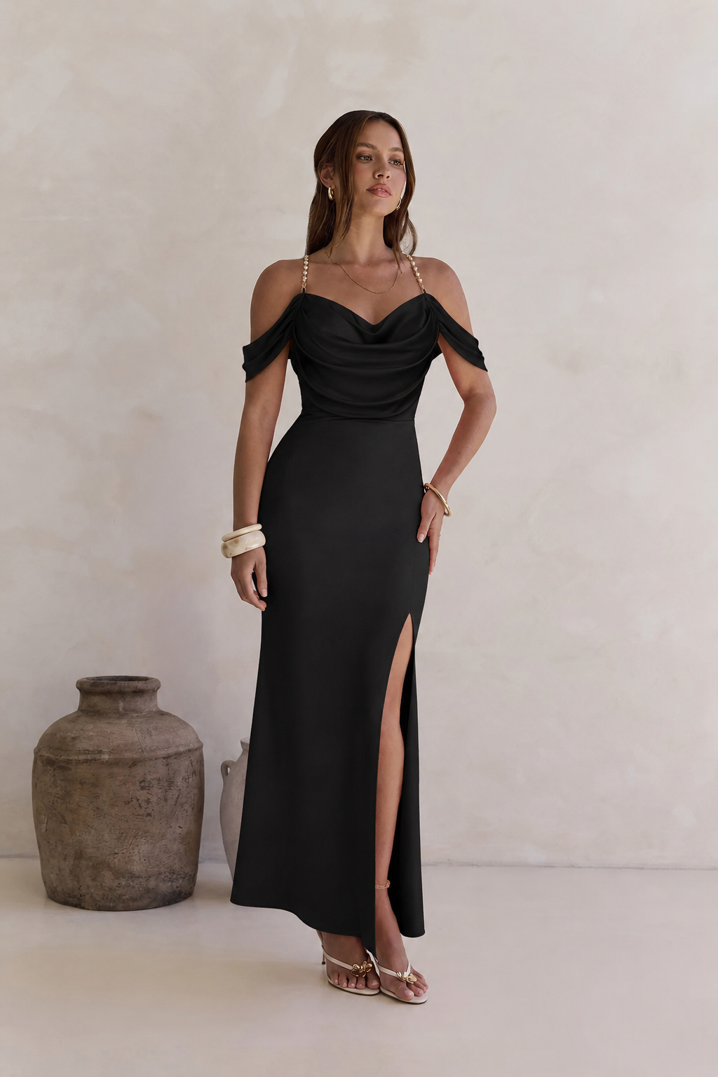 Slit Cowl Neck Dress