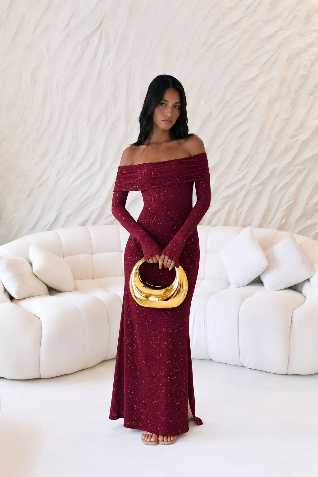 Glitter Off-Shoulder Maxi Dress