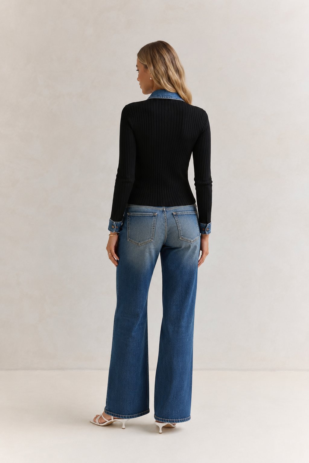 Full Size Denim Trim Button Detail Ribbed Knit Top Plus Size