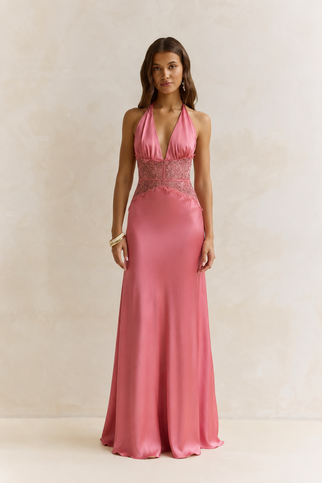 Halter Neck Lace Trimmed Maxi Dress