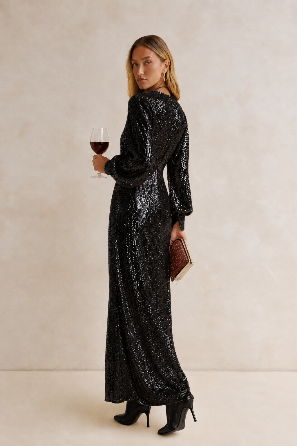Sequin Notched Lantern Sleeve Maxi Dress