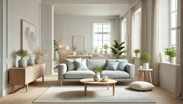 Elegant Nordic minimalist living room with neutral tones and natural lighting.