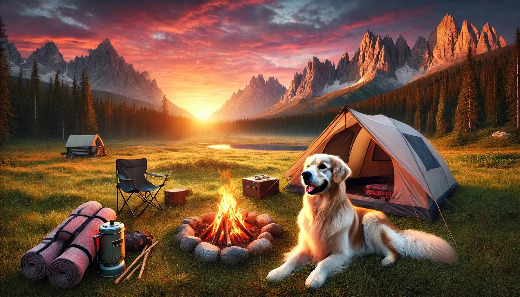 A golden retriever enjoying a cozy camping setup with gear for pets. -1