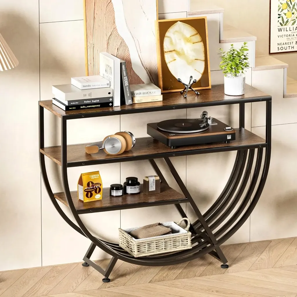 Modern geometric 3-tier console table with a sleek design for entryways and living spaces.