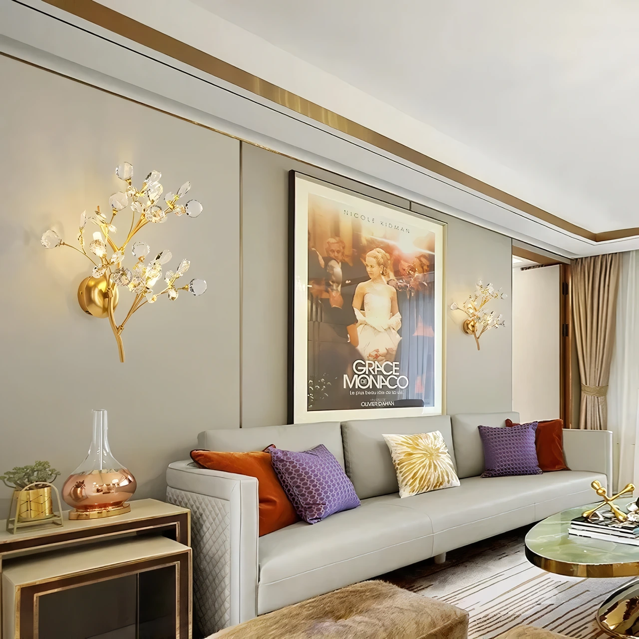 Elegant gold crystal LED wall lamp with a luxury design, ideal for home and hotel decor.