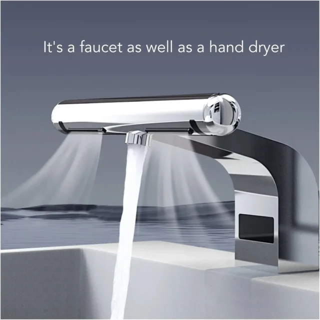 Touchless dual-function sensor faucet with integrated air hand dryer, designed for modern commercial restrooms."