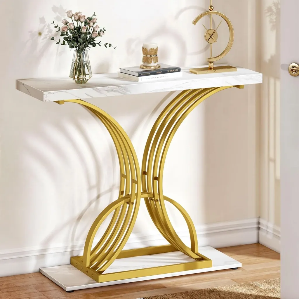 Modern 40-inch gold console table with faux marble top for stylish home decor.