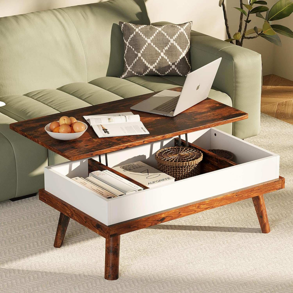 Lift-top coffee table with a hidden storage compartment, perfect for modern living rooms.