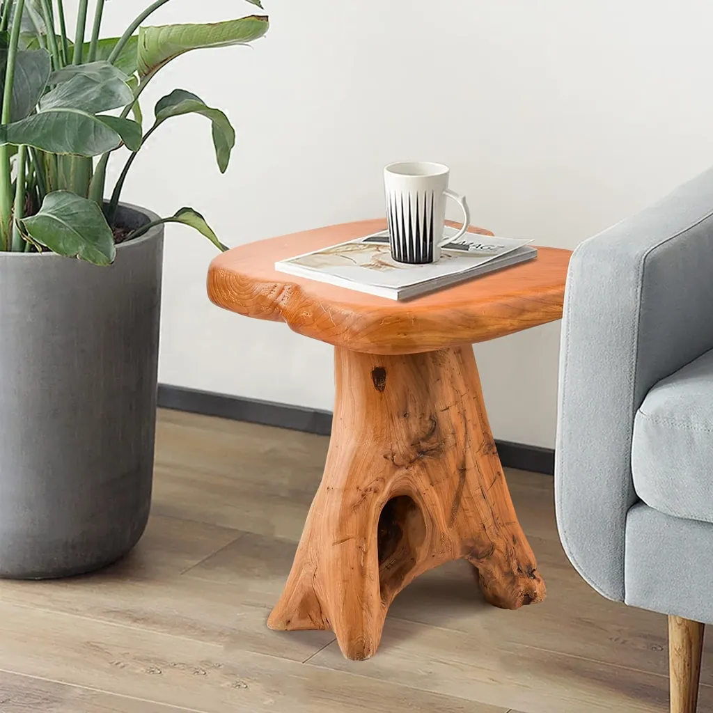 Small live edge wood side table made from natural solid wood with unique grain patterns.