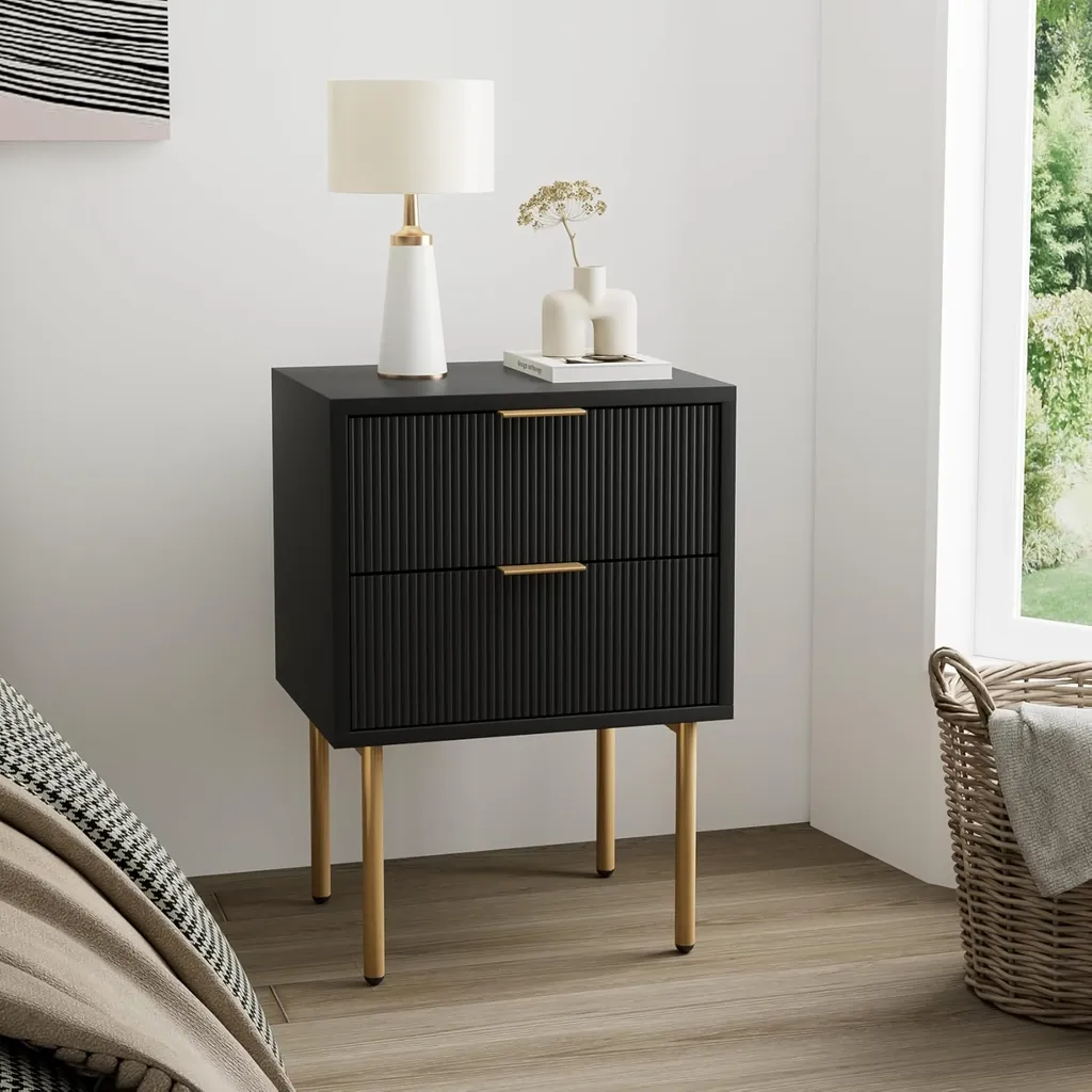 Modern black nightstand with 2 drawers and a gold frame for elegant bedroom storage.