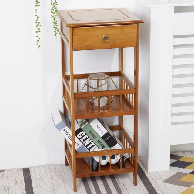 Eco-friendly bamboo 3-tier side table with drawer and open shelves for extra storage.