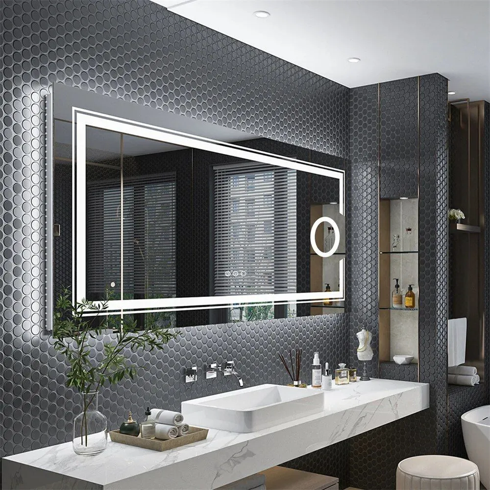 Frameless LED bathroom mirror with 3X magnification and adjustable lighting, perfect for modern bathrooms.