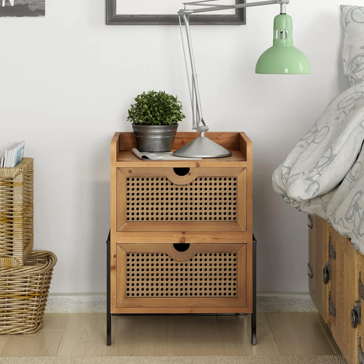 Rustic farmhouse-style wooden nightstand with woven rattan drawers for bedroom storage.