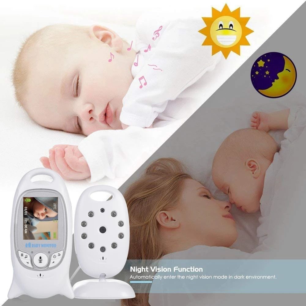 Wireless video baby monitor with two-way audio, night vision, and temperature monitoring for home security and baby care.