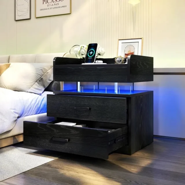 Modern LED nightstand with voice activation, USB charging, and wireless charging for smart homes.