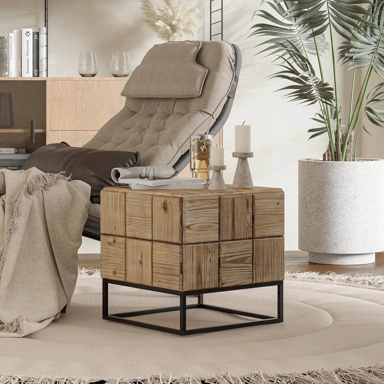 Rustic wooden nightstand with 2 drawers and sturdy metal legs, perfect for bedroom storage.