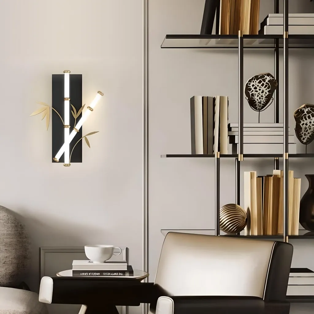 Elegant bamboo-inspired LED wall sconce for modern home lighting, providing warm ambient illumination in bedrooms and living rooms.