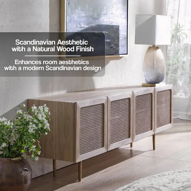 Enhance your living room with our Scandinavian Rattan TV Cabinet – a solid wood, multifunctional entertainment console that combines style and practicality. Perfect for modern, minimalist interiors.