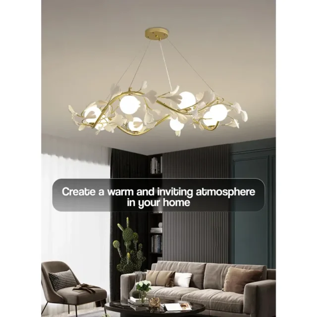 Ginkgo Leaf LED Pendant Lights with elegant gold design, ideal for modern interiors.