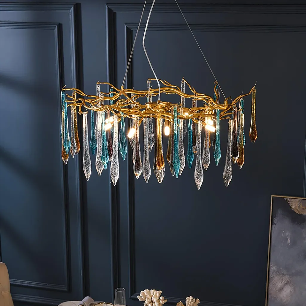 Luxurious glass drop LED chandelier with crystal design, perfect for modern interiors.