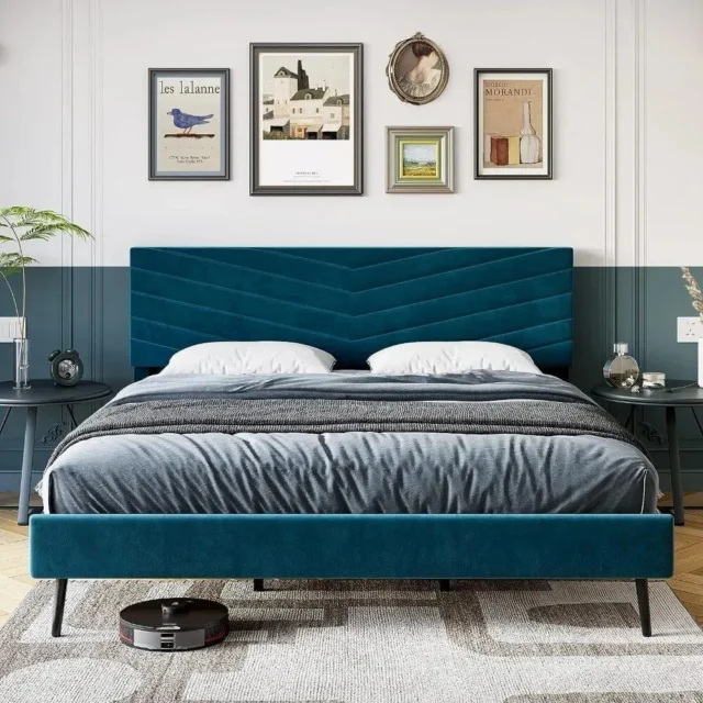 King size upholstered bed frame with adjustable headboard and modern platform design.