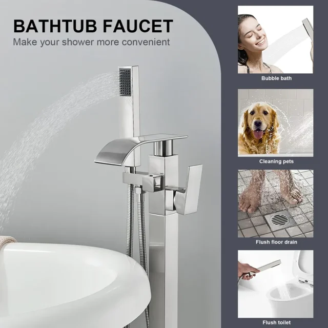 Luxury freestanding bathtub faucet with a waterfall spout, solid brass construction, and floor-mounted installation, ideal for modern spa-like bathrooms."