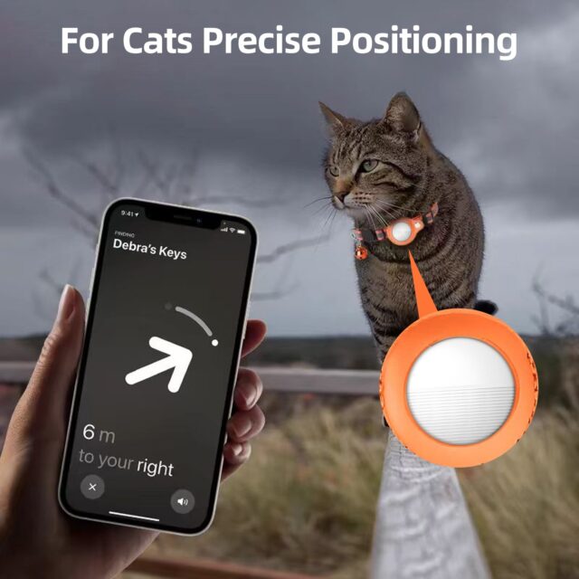 Mini GPS tracker for pets and valuables, real-time location tracking, compatible with Apple iOS.