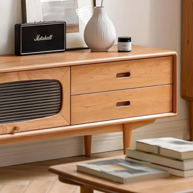 Minimalist Nordic wooden TV stand with ample storage space for a modern living room.