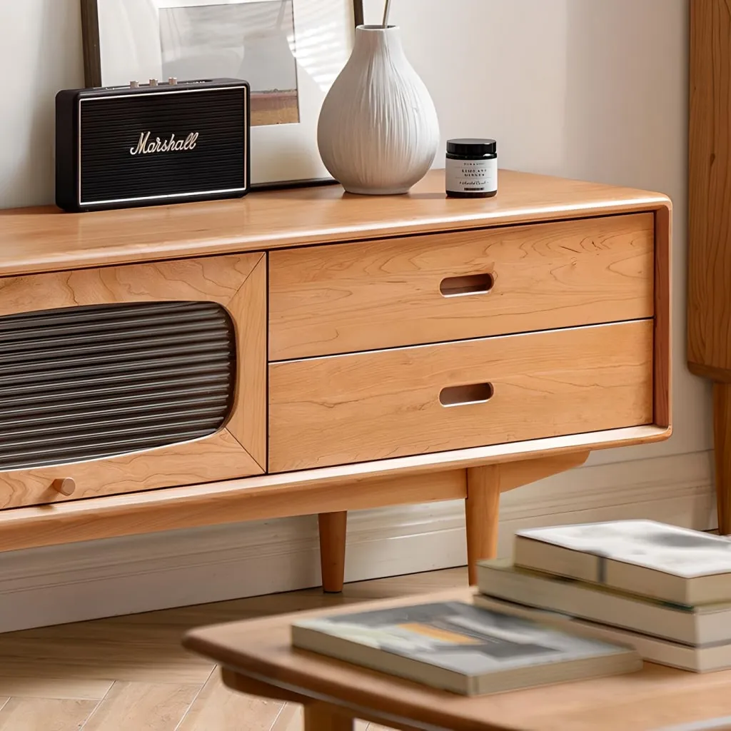 Minimalist Nordic wooden TV stand with ample storage space for a modern living room.