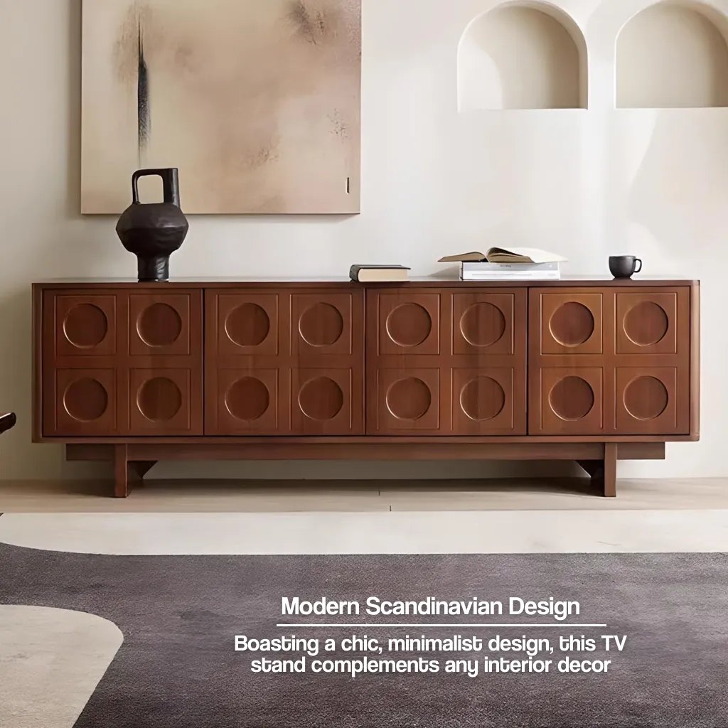 Scandinavian wooden TV stand with retro mid-century design and solid wood frame.