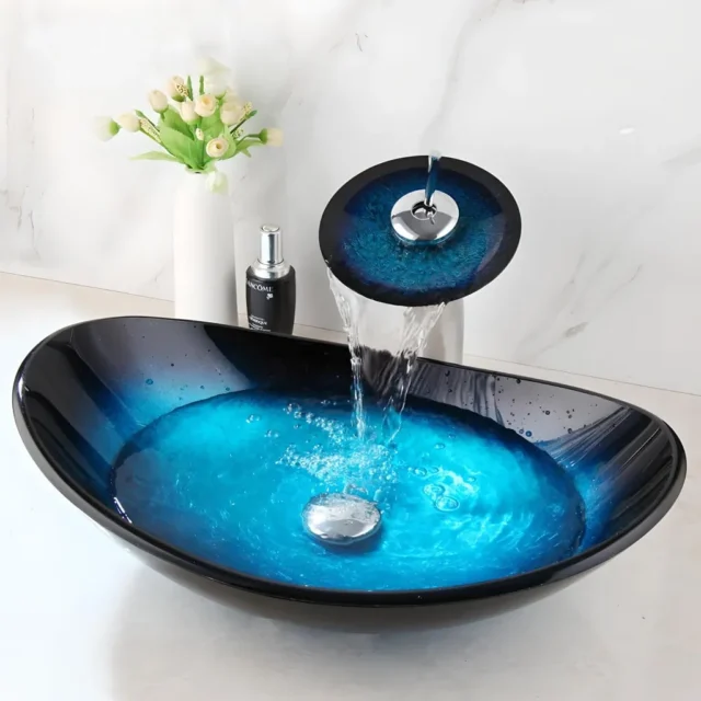 Luxury tempered glass waterfall faucet with modern oval basin sink set, ideal for contemporary bathrooms.